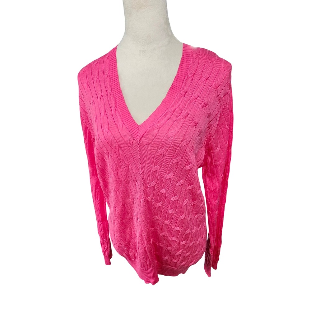 Clover Bobby Jones Barbie Pink Cable Knit V-Neck‎ Sweater Women's XL Pima Cotton